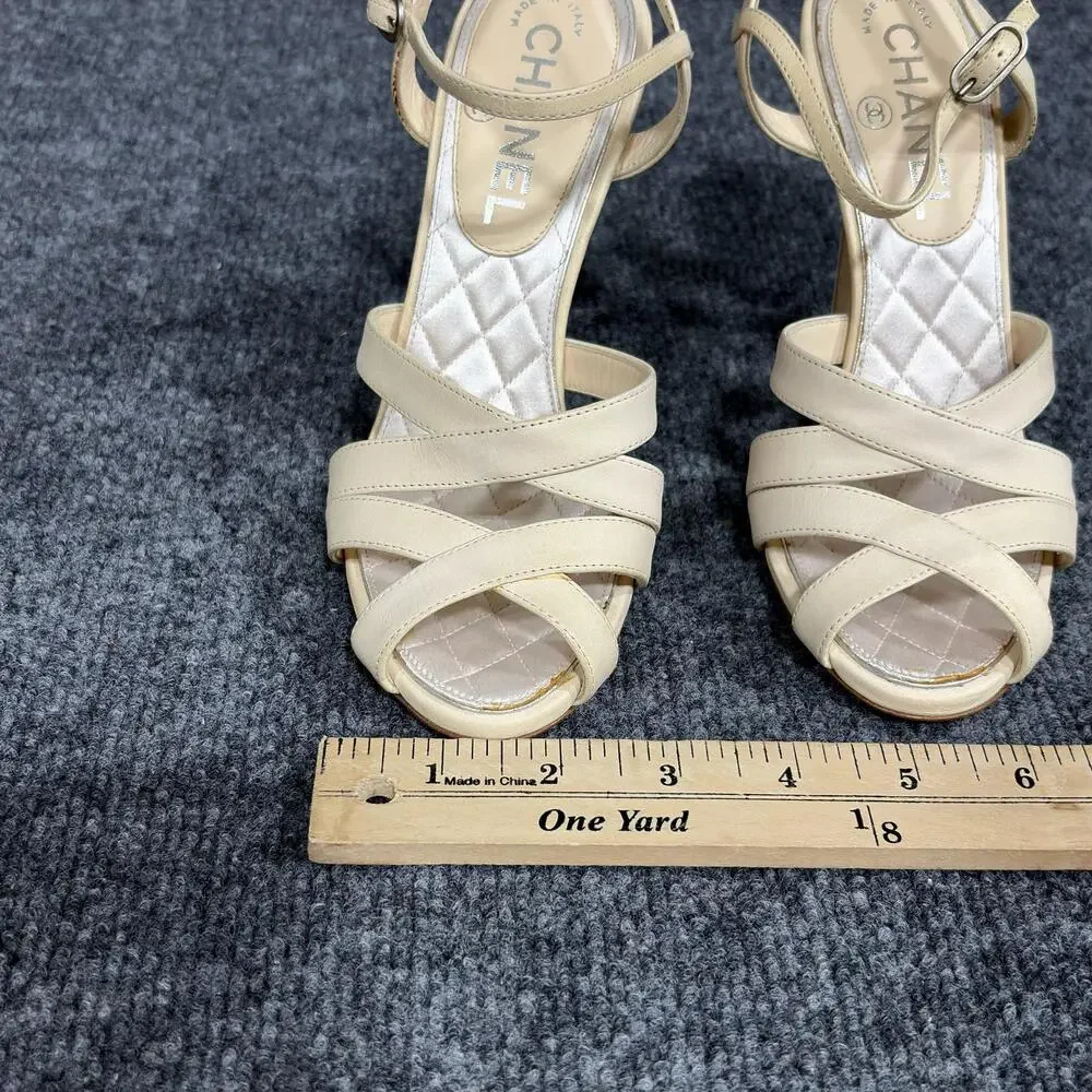 Chanel Strappy Sandals Womens 6 Beige Quilted Leather CC Logo Heels Italy